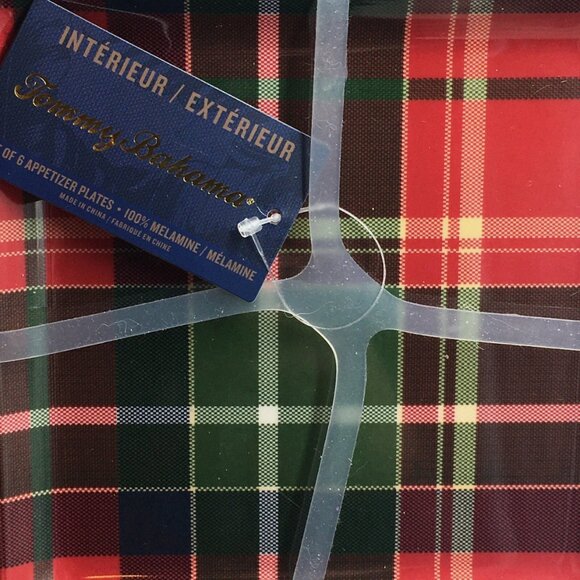 x6 TOMMY BAHAMA Red Tartan Plaid Melamine Appetizer Plate Set Square Christmas - Picture 5 of 5